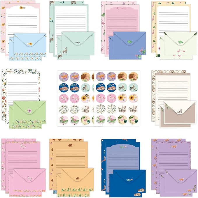 Sweet Cute Stationery Set, 92PCS Stationary Paper and Envelopes Set, 60 Writing Paper 30 Envelopes 2 Sticker Sheets, Vintage Stationery Sets for Letter Writing
