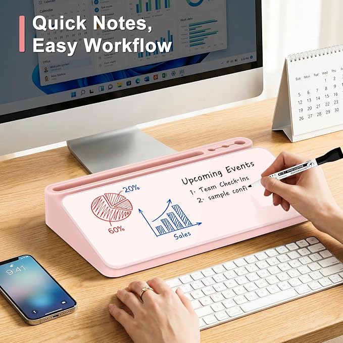 WALGLASS Small Desktop Whiteboard with Storage, Glass Desk Dry Erase White Board Computer Keyboard Stand with Drawer, Desk Organizers with Accessories for Office, Home, School Supplies Pink