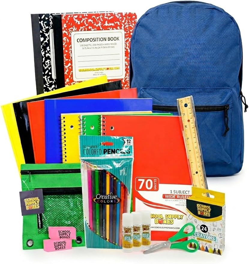 School Supply Boxes | 17" Assorted - Solid Color Backpack Bundle Pallet (180 Backpacks) for Elementary School | Back to School Bookbag with Supplies | Contains Crayons, Colored Pencils, Ruler, & More