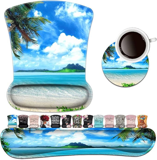 Keyboard Wrist Rest Pad and Ergonomic Mouse Pad Wrist Support Set Ocean Waves Coconut Trees on Sands Beach Seascape Scenery for Gaming, Office, Comfortable and Pain Relief with Coaster Set