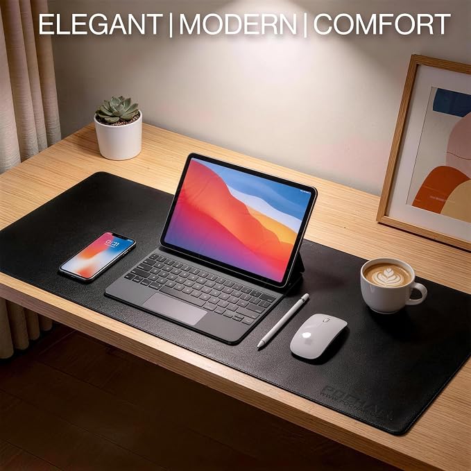 POCHAR Vegan Leather Desk Mat 31" x 16" - Desk Pad Protector for Desktop | Non-Slip PU Leather Dual-Sided Office Desk Blotter for Laptop Mouse Keyboard - Waterproof Writing Signing Pad, Black
