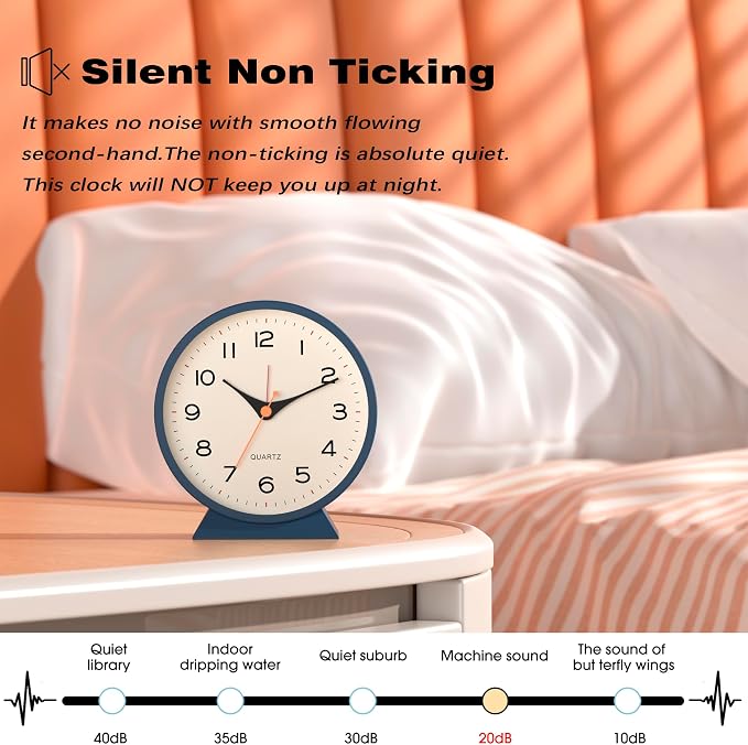 AYRELY® 4.5" Analog Alarm Clock, Small Retro Desk Clock and Table Clock | Battery Operated, Silent Metal Table Clock with Light for Living Room Decor, Bedroom, Bedside and Shelf (Blue)