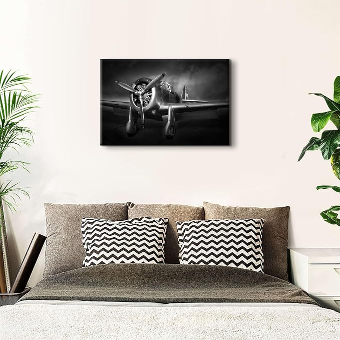 Airplane Canvas Wall Art for Men Bedroom, Black and White Military Plane Turbine Propeller Picture Wall Decor Living Room Vintage Aircraft Prints Paintings Artwork for Walls Home Decorations 24x36"