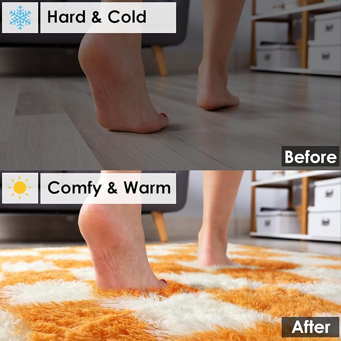 KICMOR 8x10 Area Rugs for Living Room, Large Soft Fluffy Checkered Big Fuzzy Shag Shaggy Carpet for Bedroom, Orange and Cream White Plush Rug for Kids Boys Girls Dorm Nursery Home Decor Aesthetic