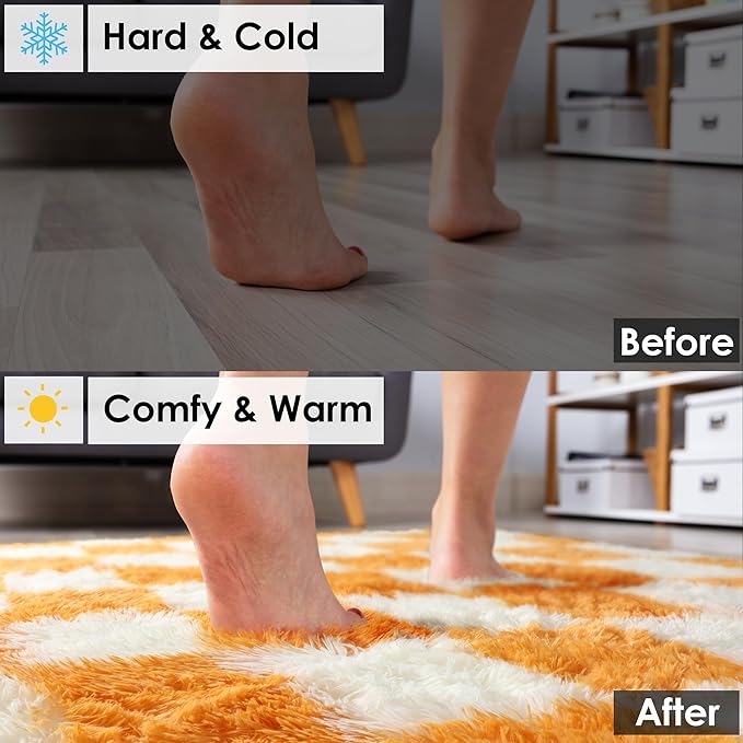 KICMOR Soft Fluffy 5x8 Orange and Cream White Rugs Living Room Carpets, Large Fuzzy Checkered Shag Area Rug Big Carpet for Bedroom, Indoor Plush Shaggy Rug for Nursery Teen Boys Girls Room Decor