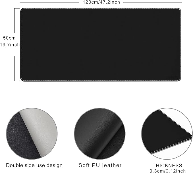 Chihein 47" x 20" 3XL PU Leather Desk Mat (Black/Gray), Dual Sided Desk Pad, Waterproof Computer Desk Bottle for Gaming, Office, Home