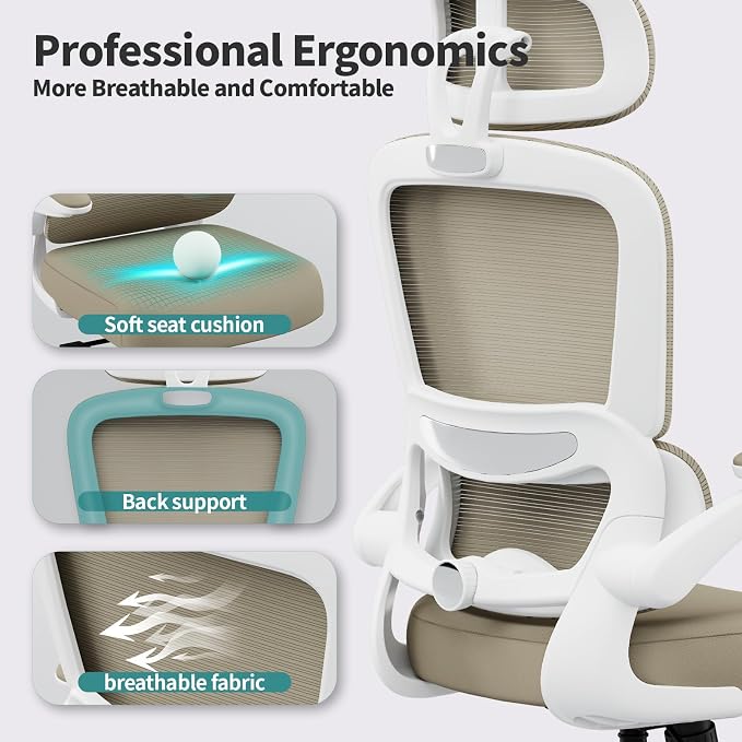 TRALT Office Chair Ergonomic Desk Chair, 330 LBS Home Mesh Office Desk Chairs with Wheels, Comfortable Gaming Chairs (Khaki)