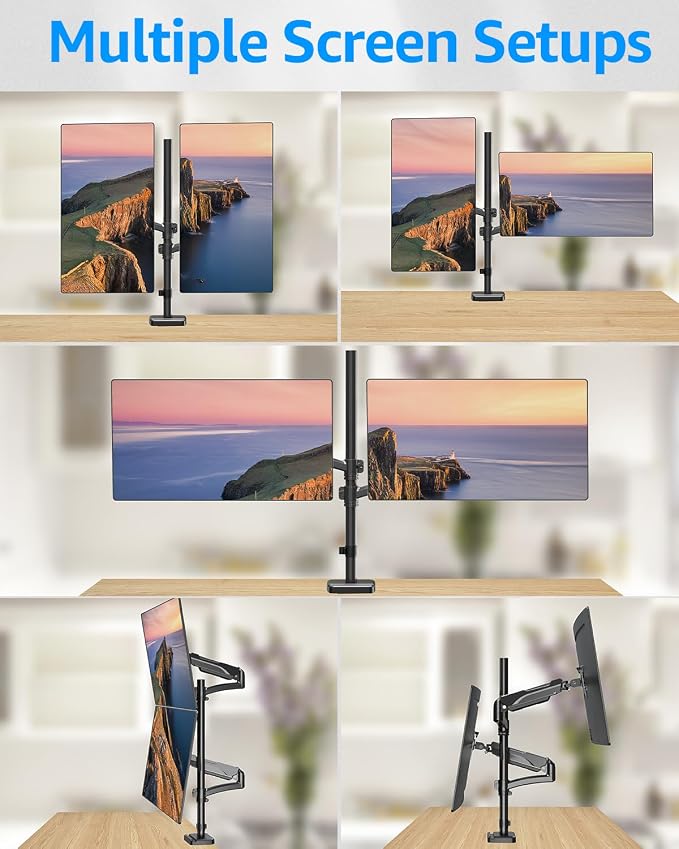 MOUNTUP Vertical Dual Monitor Mount Holds 4.4-17.6lbs, up to 32 Inch Stacked Monitor Mount with Gas Spring Arm with Clamp/Grommet Base, Dual Monitor Stand for Desk, For Home Office, VESA 75x75/100x100