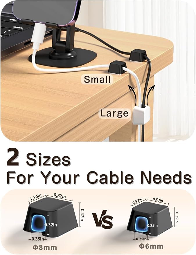 Viaky 8 Pack Magnetic Cable Clips, Large Size Under Desk Cable Management, Workspace Charger Organizer,Cord Holder with Adhesive Metal Disc, Office Desk Accessories for Nightstand Car Wall (Black)