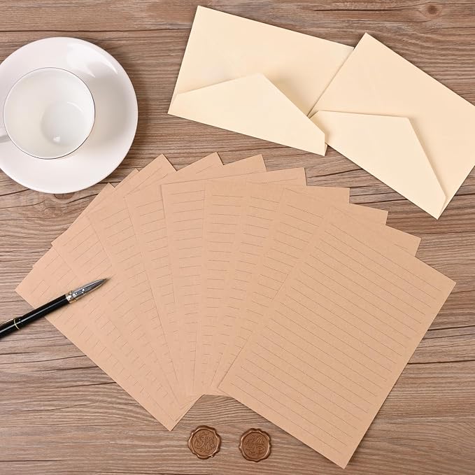 48 Pieces Stationery Set with Envelopes (24 Kraft Paper Sheets + 12 Linen Texture Envelopes+12 Wax Seal Stickers), Stationery Letter Writing Paper Set for Love Letters and Party Invitations (White)