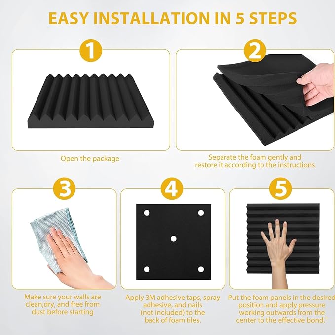 70 Pack Acoustic Foam Panels, 1" x 12"x 12" Sound Proof Foam Panels For Wall Fire Resistant, Noise Cancelling Dampening Sound Absorbing Black Wedge Panels For Studio Recording & Office & Home