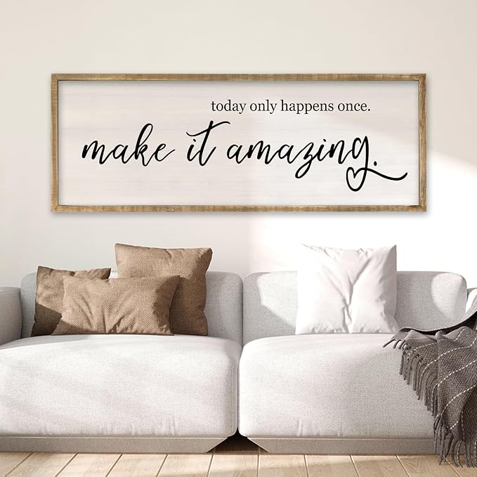RLWangChao Today Only Happens Once Make It Amazing Wall Art Decor 32x12 Inch Large Inspirational Quote Sign Rustic Living Room Vintage Wood Frame Office Motivational Home Wall Hanging (Wood)