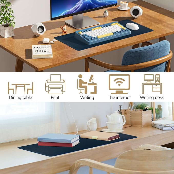 Dark Blue Leather Desk Pad Large Mouse Pad, 23.6"x13.8" | Waterproof Desk Mat for Keyboard and Mouse, Non-Slip Computer Desk Protector, Smooth Mouse Control for Home Office