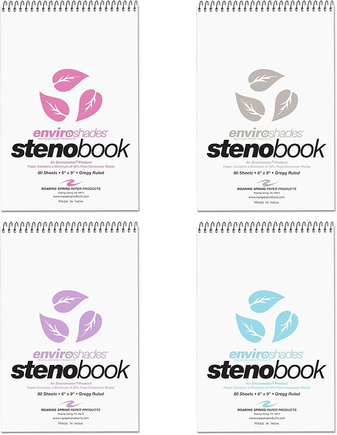 ROARING SPRING Enviroshades Colored Steno Books, 4 Pack of Memo Pads, Assorted Colors, Recycled Paper, 6" x 9", 80 Sheets, Gregg Ruled, Perforated, Wirebound, Heavy Chipboard Back