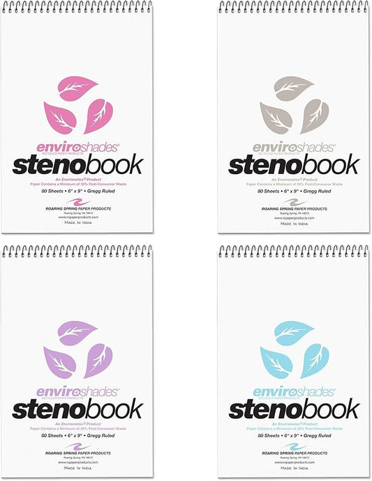 ROARING SPRING Enviroshades Colored Steno Books, 4 Pack of Memo Pads, Assorted Colors, Recycled Paper, 6" x 9", 80 Sheets, Gregg Ruled, Perforated, Wirebound, Heavy Chipboard Back