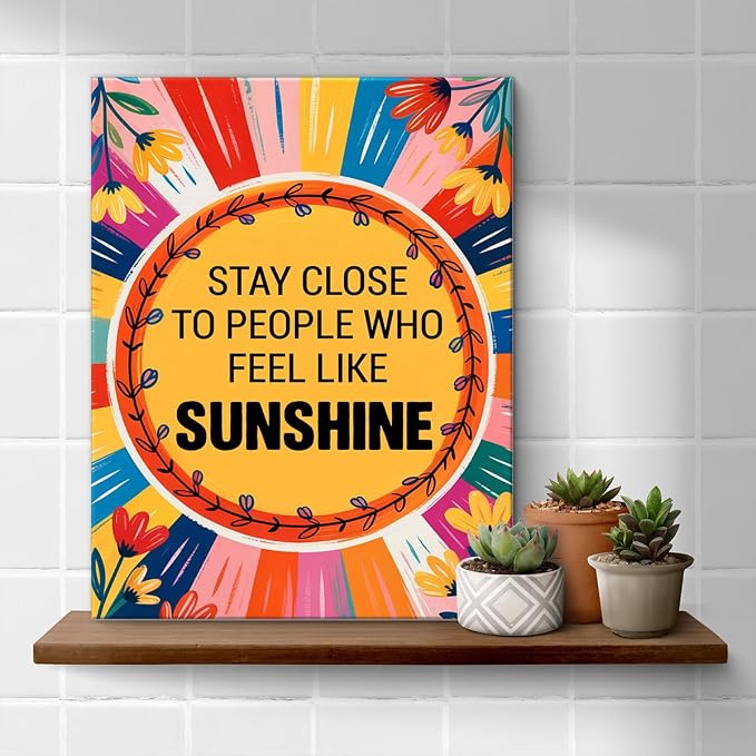 Inspirational Sunshine Wall Art Decor, Motivational Canvas Painting Pictures Artwork Posters Hippie Decor for Teens Room Bedroom, Natural Life Gifts for Women (11.5 X 15 Inches, Framed)