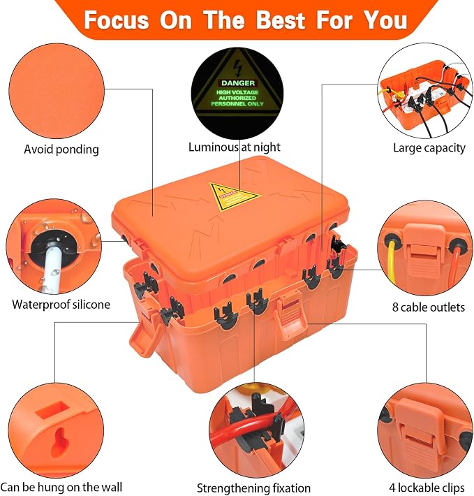 Hrensaw Large Outdoor Electrical Box(12.5x8.5x5inch),IP54 Waterproof Outdoor Outlet Covers,Weatherproof Extension Cord Covers Protect Outlet,Plug,Timer,Power Strip,Holiday Light,Orange