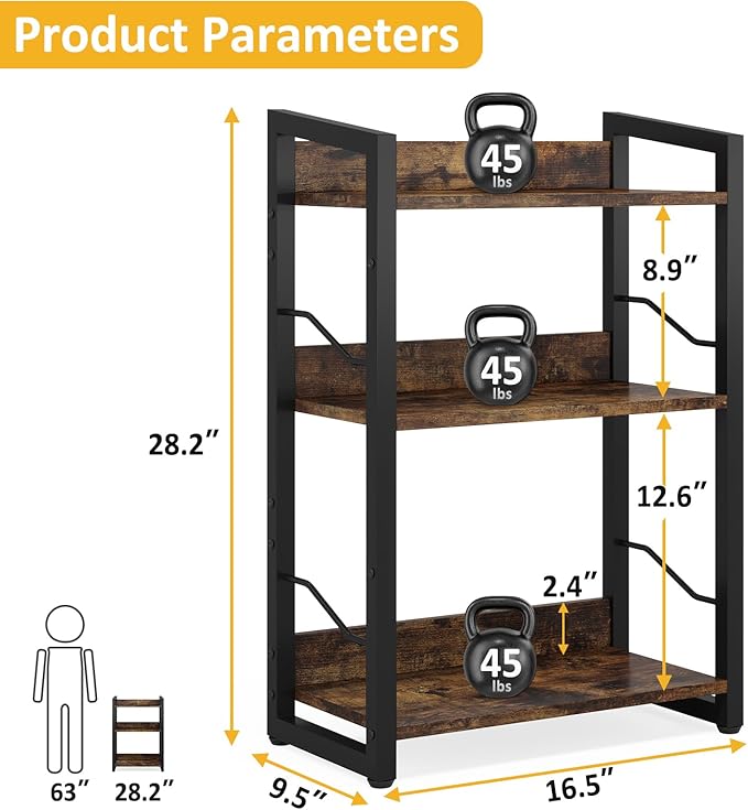 Hosfais 3-Tier Small Bookshelf Bookcase with Edge Protection | Wood Book Shelf Industrial Bookshelf Metal Narrow Bookcase Storage Organizer Display Rack for Bedroom Home Office (Brown)