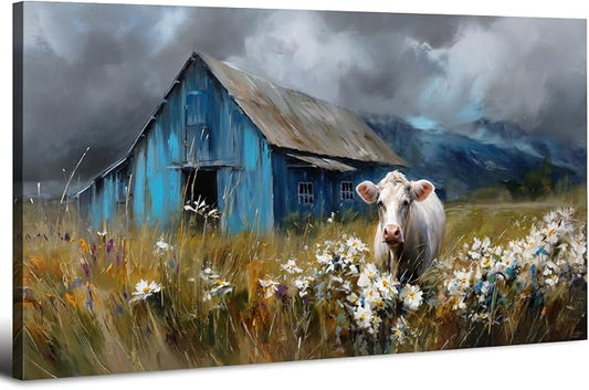 AIYISU Farmhouse Cow Wall Art Rustic Barn Landscape Pictures Wall Decor Blue Barn Wildflower Field Canvas Prints Country Farm Animal Artwork for Living Room Dining Room Bedroom Home Decoration 24x48