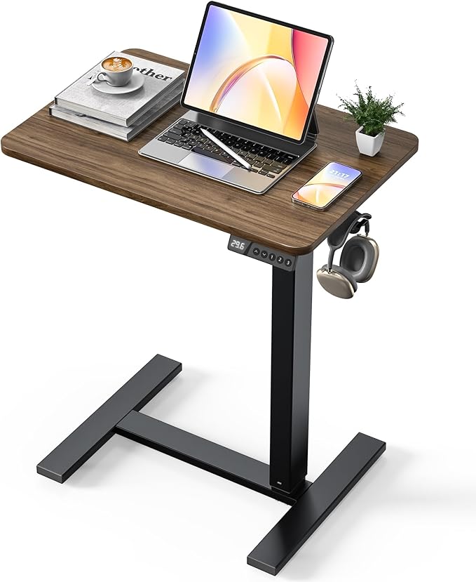 24"x 16" Electric Overbed Table, Rolling Laptop Desk for Bed, Walnut | Height Adjustable Bedside Desk with Hidden Wheels, Mobile Standing Desk for Sofa, Home Office & Hospital Use