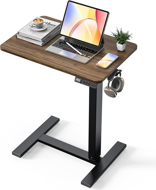 24"x 16" Electric Overbed Table, Rolling Laptop Desk for Bed, Walnut | Height Adjustable Bedside Desk with Hidden Wheels, Mobile Standing Desk for Sofa, Home Office & Hospital Use