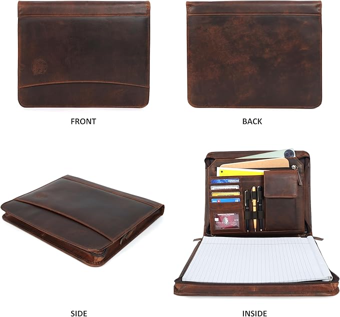 Leather Portfolio for Men, Portfolio Organizer with Zipper for Men Women, Leather Padfolios Business Resume Legal Pad Notebook Binder for A4/Pad (Brown)