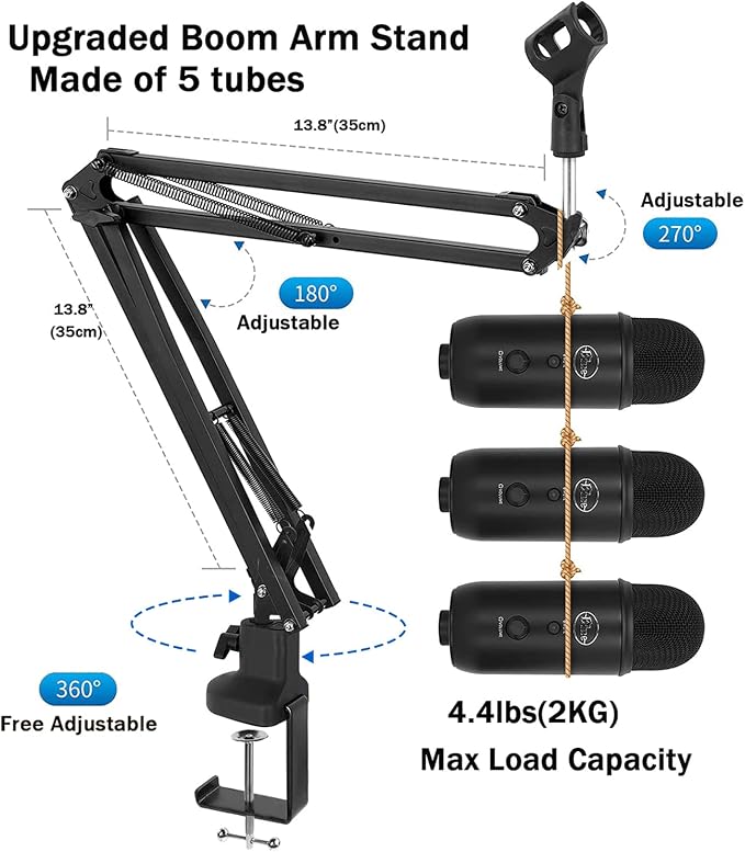 Boom Arm Suspension Mic Heavy Duty Microphone Arm for Blue Yeti, Hyperx Quadcast, Adjustable Boom Mic Stand Desk with Pop Filter, 1/4“-3/8“-5/8“ Adapter, Mic Mounts,Broadcast