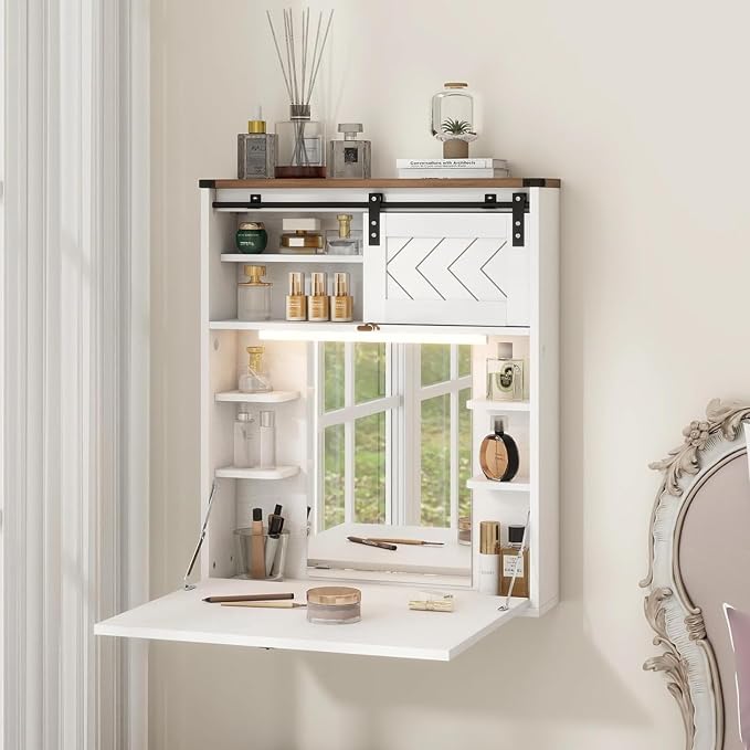 ARTETHYS Floating Vanity with Mirror & Lights White Wall Mounted Makeup Set | 3 Color Adjustable Magnetic Lights, Storage Shelves, Fold Down Desk, Farmhouse Dressing Table for Tiny Space