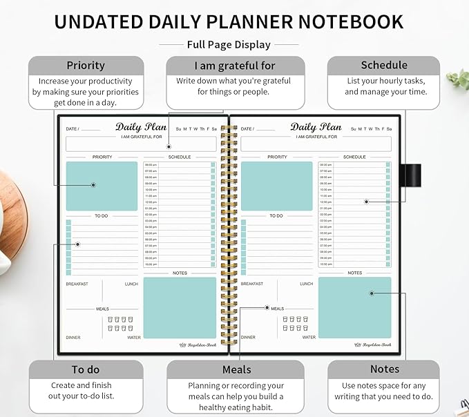 Daily Planner Undated, To Do List Notebook with Hourly Schedule Calendars Meal, Spiral Appointment Organizers Notebook for Man/Women, Pocket, Pen Loop, 160 Pages (5.5x8.5")