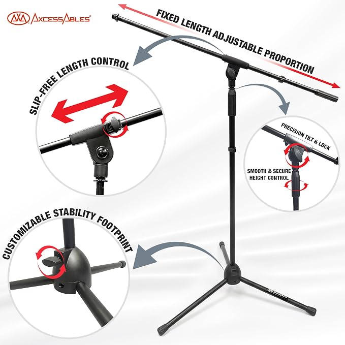 AxcessAbles MS-101 Microphone Stand with Boom Arm, Height Adjustable 37"-64" With 30" Boom arm, Folding Tripod Base, Portable Floor Mic Stand for Singing, Podcasting, Recording, Studio & Stage
