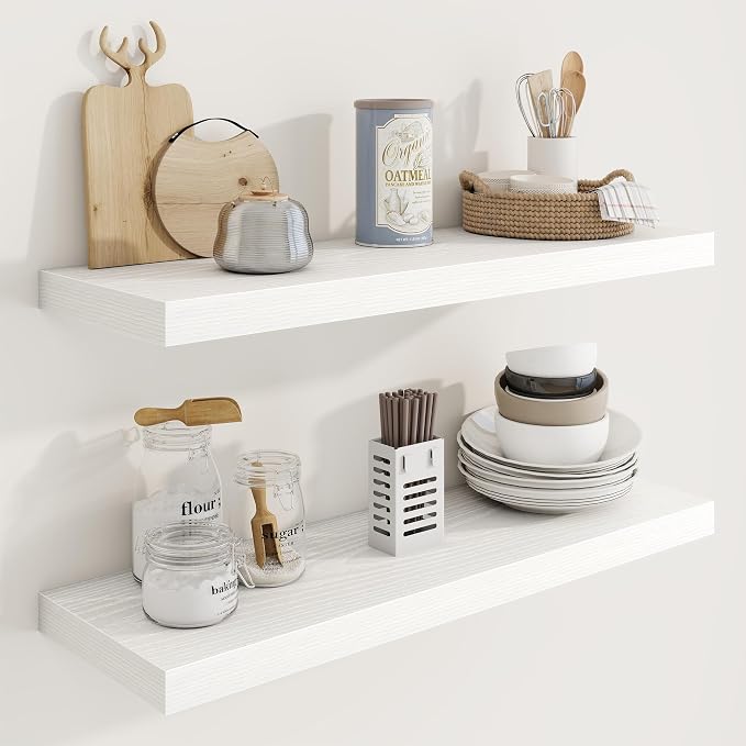 30in Floating Shelves for Wall, 30"W x 9.25"D x 1.25"H, 2 Pack Long Wall Mounted Engineered Wood Shelves with Invisible Brackets for Living Room, Bedroom, Bathroom, Kitchen Decor and Storage, White