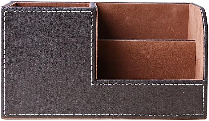 KINGFOM Desk Organizer Office Supplies Caddy Pu Leather Multi-function Storage Box Pen/Pencil,Cell phone, Business Name Cards Remote Control Holder Brown