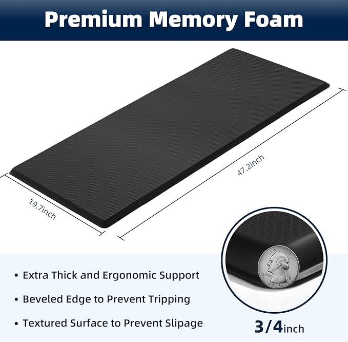 Kitchen Mat Cushioned Anti Fatigue, 0.75" Waterproof,Non Slip Kitchen Rugs, Memory Foam Comfort Mat for Standing at Home,Office,Sink,Laundry(20"x47.2" Black)