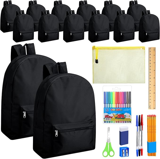 Silkfly 24 Pack 17'' Backpacks Bulk with 24 Stationery Supply Sets, Bookbags and Writing Accessories Kit for Donation(Black)