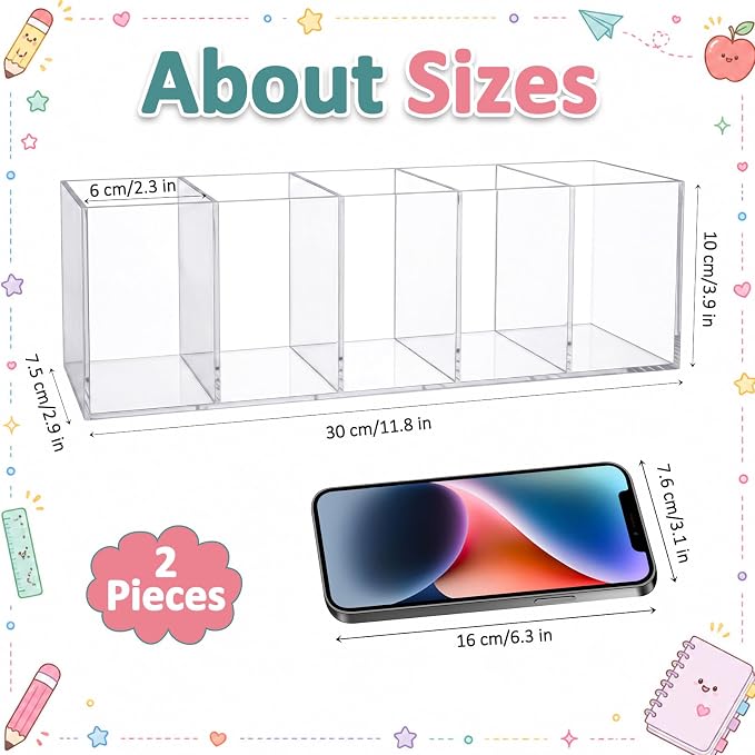 Mototo 2PCS Acrylic Pen Holder Back to School 5 Compartments Pen Organizer | Clear Pencil Cup Desktop Caddy Makeup Brush Storage Solution for Cosmetic Office Bathroom Kitchen Home Coffee Bar Container