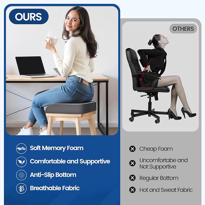 SweetSlubr Seat Cushion for Tailbone Pain Relief, Office Chair Cushion, Memory Foam Large Chair Cushion with Non-Slip Cover for Soft Support at Office Chair, Car Seat, Airplane Grey/Large