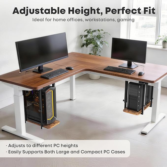 Heavy Duty Under Desk PC Mount, Height Adjustable, Black & Rustic Brown | Fits Maximum PC Case: 9.6”(Width) x 14.7''(Height), Stable Wood Base(size 22''x9.6'' ), Easy to Assemble, Max Load 66 lbs
