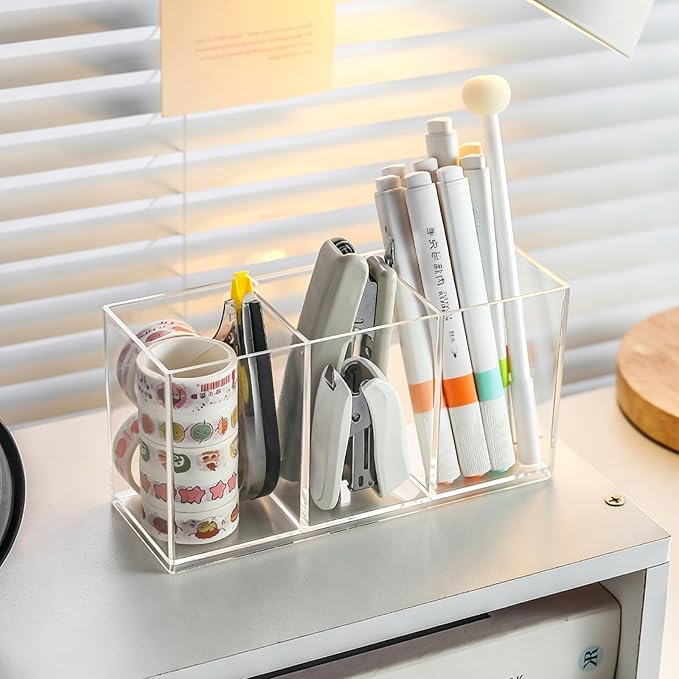 Acrylic Desk Organizer with 3 Compartments, Clear Pen Holder for Pencils and Markers, Makeup Brush Caddy for Vanity, Multi-Purpose Utensil Holder for Kitchen or Office Supplies