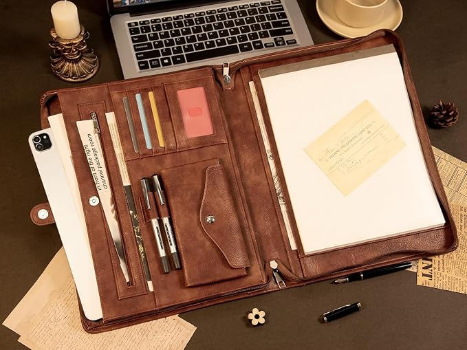 AZXCG Personalized Leather Portfolio,Free Engraved Name,Padfolio for Women Organizer with Zippered, A4 Notepad Holder, Portfolio with Handle,Business Portfolio with A4 Writing Pad,Gift for Men&Women