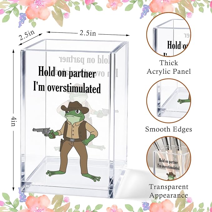 Acrylic Pen Holder Cup Funny Desk Decor, Overstimulated Humor Pencil Holder Organizer, Coworker Gift Office Accessories
