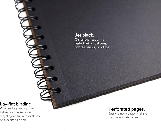 Blackout Blank Spiral Notebook/Journal, 55 Sheets of Premium 70lb Black Paper, 10.5" x 8", Recycled and Sustainable, Toned Sketchbook for Visual Notetaking, Pack of 2