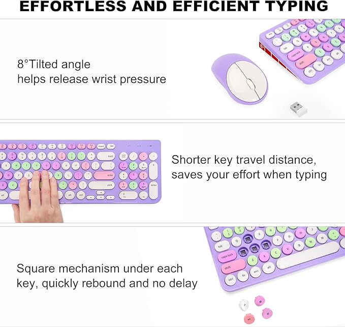 Wireless Keyboard and Mouse Combo, Retro Typewriter Keyboard with Round Keycaps, 2.4GHz USB Cute Wireless Keyboard Mouse for Computer, Desktop, Laptop (Purple Colorful)