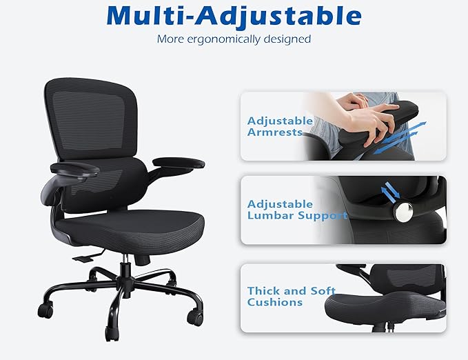 TRALT Ergonomic Office Chair - Desk Chair with Adjustable Headrest Lumbar Support Computer Chair - Mesh Comfy Chair with Flip-up Armrests - Gaming Chair for Adults Home Office PU, Black, Pack of 3