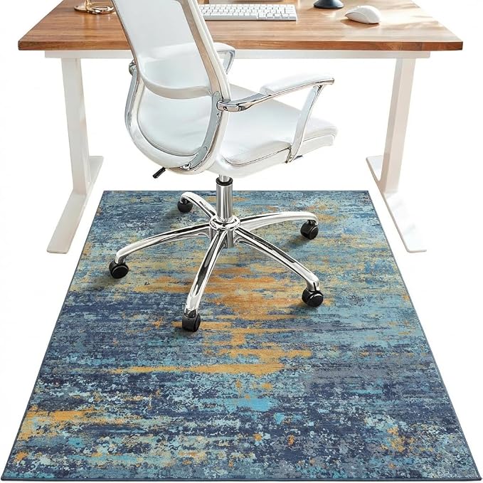 36"x60" Office Chair Mat for Hardwood Tile Floor, Under Desk Carpet Protector for Rolling Computer Chair Mat, Machine Washable Area Rug, Anti-Slip 1/5" Thick Low Pile Thin Vinyl Floor Mat, Blue Orange
