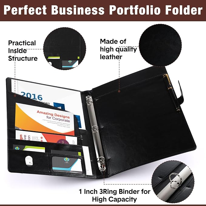 Eersida 2 Pcs 2 Pcs Padfolio 3 Ring Leather Binder Business Portfolio Folder A4/Letter Size Back to School for Organizer Documents Business Cards Conference Office Gifts for Men or Women (Black,Brown)