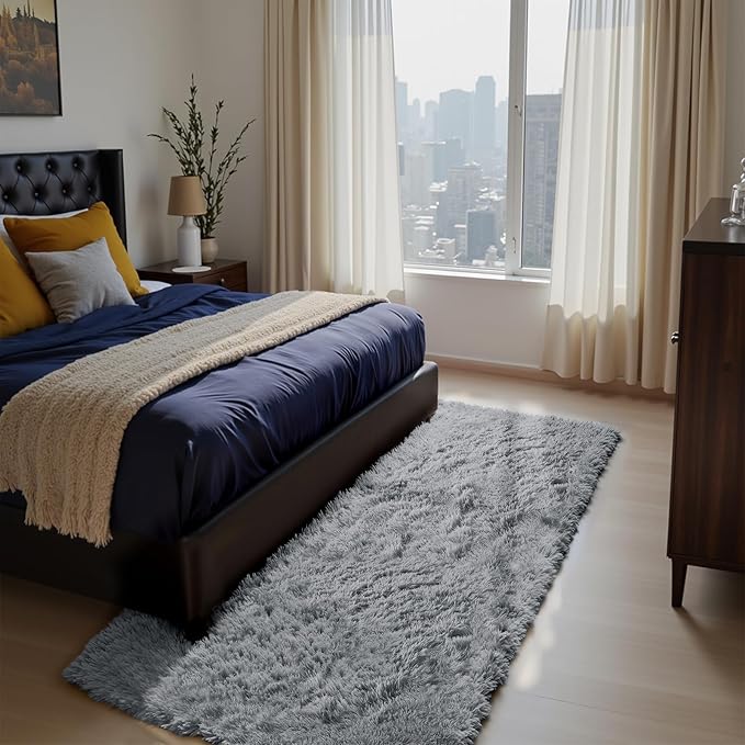 Soft Runner Rugs for Bedroom, Light Grey 3x7 Area Rugs Fluffy Rug Shag Area Rug Carpet, Bedside Rug for Living Room Bedroom Room Home Decor