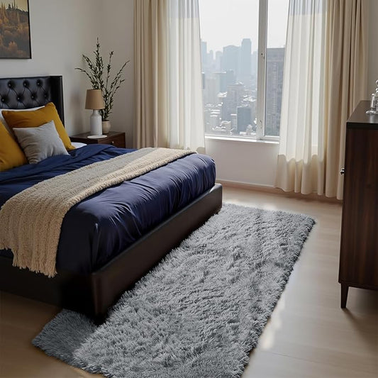 Soft Runner Rugs for Bedroom, Light Grey 3x7 Area Rugs Fluffy Rug Shag Area Rug Carpet, Bedside Rug for Living Room Bedroom Room Home Decor