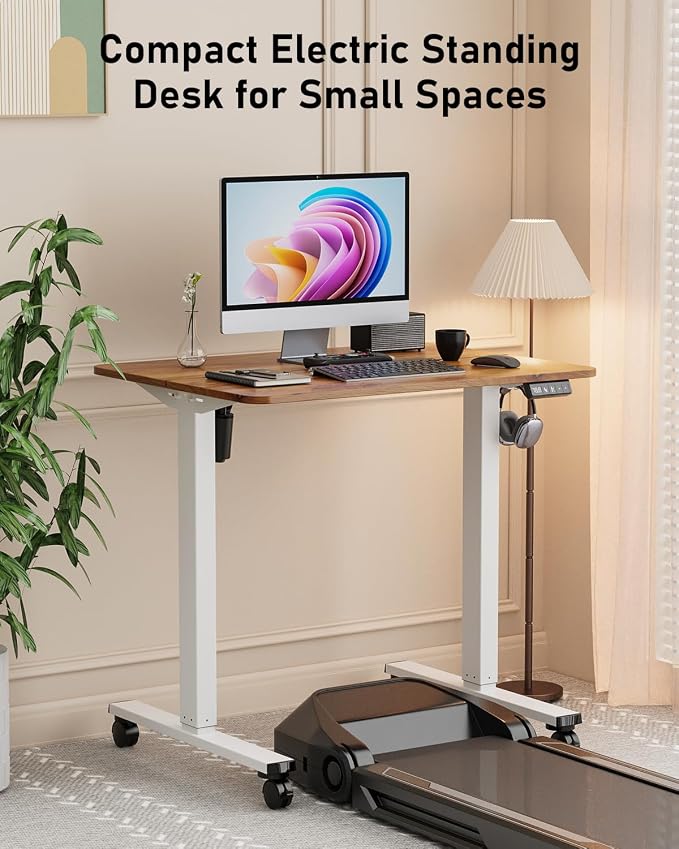 32" Small Rolling Electric Standing Desk Adjustable Height for Home Office | Mobile Sit Stand up Desk with Lockable Casters for Computer Workstation, Memory Preset, 2 Hooks, White Frame/LightBrown Top
