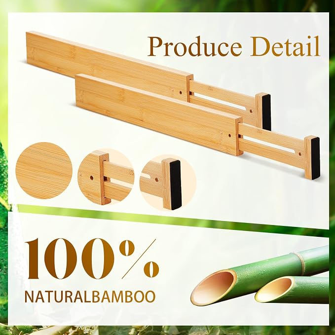 Sawysine 12 Pcs Bamboo Drawer Dividers Adjustable Drawer Organizers Spring Separators Organization Expandable Organizers for Kitchen Bedroom Bathroom Dresser Office (Natural Color,22 x 2.4 Inche)