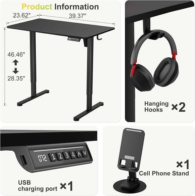 Furmax Electric Standing Desk, 40 x 24 Inches Sit Stand up Desk, Sit Stand Height Adjustable Home Office Desk with 4 Height Position Memory (Black, 40)